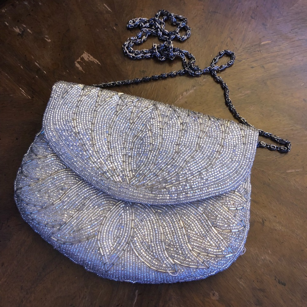 La Regale Shiny Silver Beaded Snap Close Evening Bag